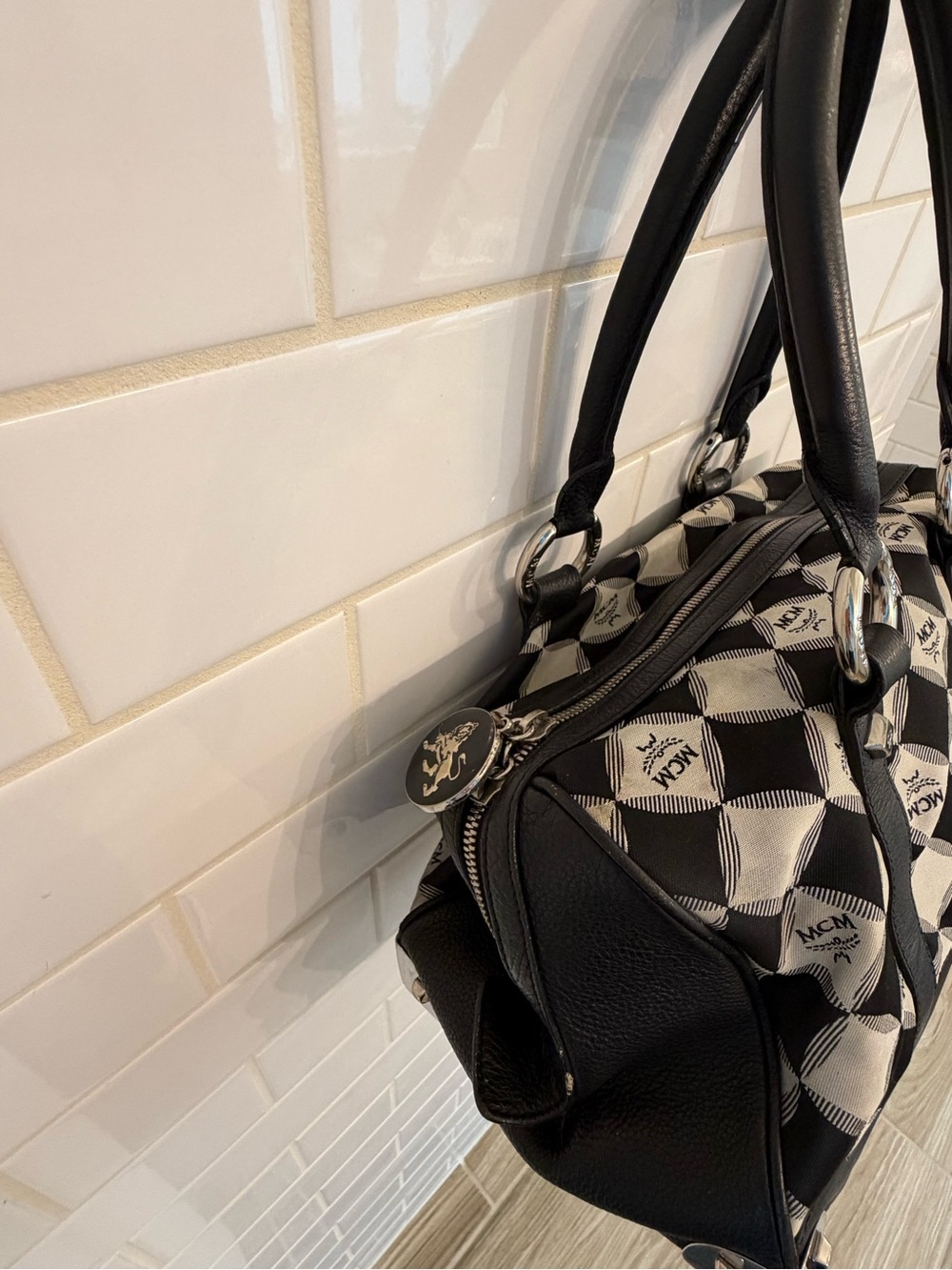 MCM Black and White Checker Logo Satchel with Leather Trim - Picture 3 of 6